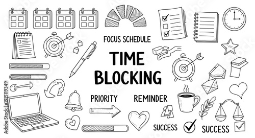 Time blocking and focus schedule icons for productivity and planning