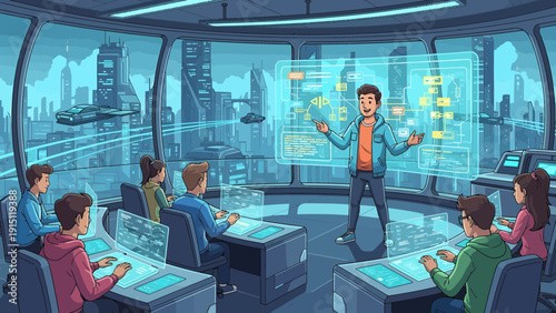 Futuristic Classroom Scene with Holographic Display and Engaged Students.