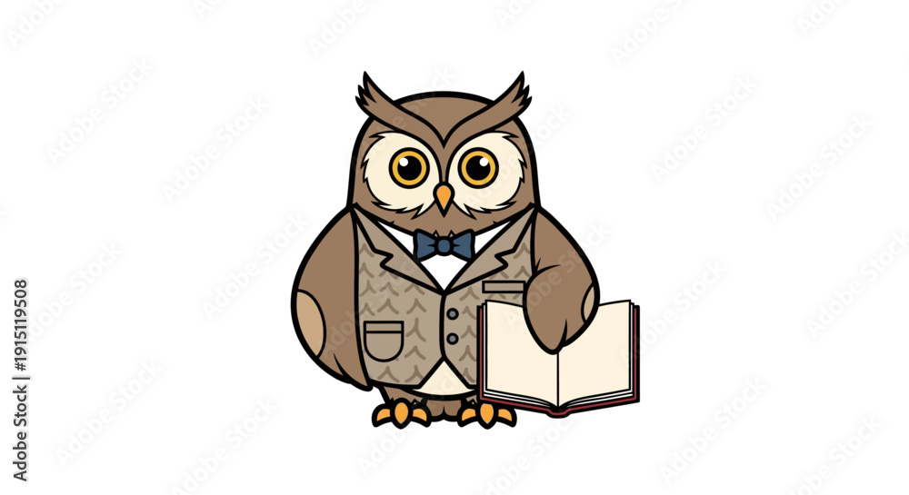 Obraz premium Cartoon owl wearing a brown suit and bow tie holding a book.