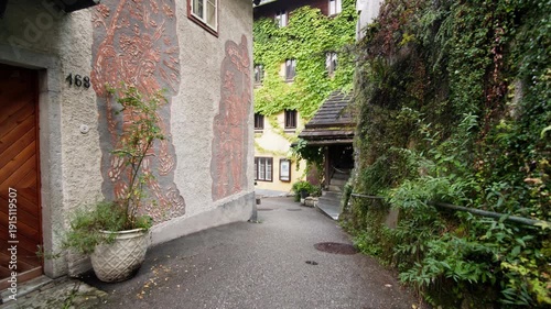 Beautiful cityscape of Hallstatt Austria. Urban street landscape with traditional architecture of the Alpine mountains.