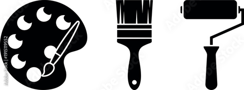 Painting tools silhouette set vector illustration with artist palette brush and roller isolated on white background
