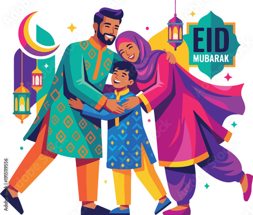 Happy Muslim family celebrating Eid al-Fitr with hugs and joy, vector illustration