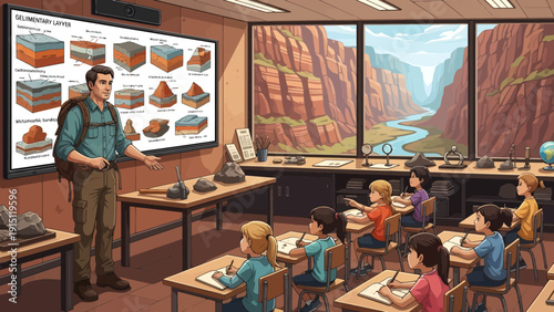 Geology Class Teacher Explaining Rock Formations to Students.