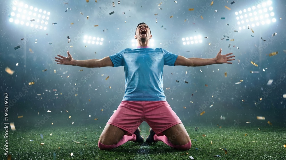 Obraz premium Male football player celebrating victory on knees under stadium lights. Concept of championship win, sports advertising campaign, betting promotion visuals, and tournament marketing content.