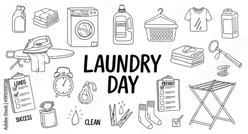 Doodle illustration of laundry day with various household items and chores listed