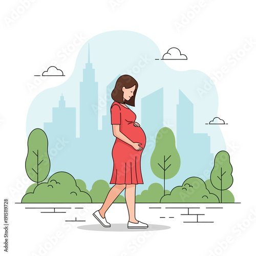 Pregnant Woman Walking in City Park Flat Vector Illustration