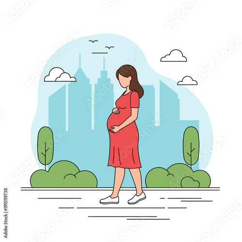 Pregnant Woman Walking in City Park Flat Vector Illustration
