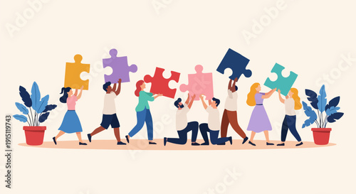 Diverse vector people collaborate to connect colorful jigsaw puzzle pieces, symbolizing teamwork, problem-solving, and community, with potted plants on a light beige background.