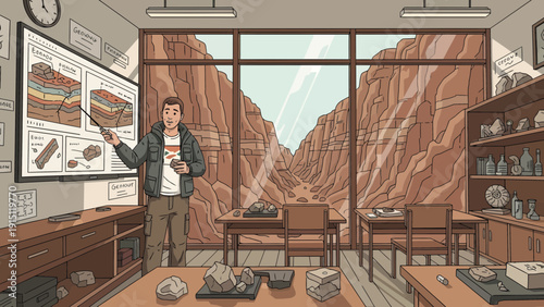 Instructor Explaining Geology in Classroom with Canyon View.