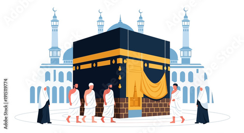 Pilgrims circumambulating the Kaaba in a grand mosque courtyard during Hajj, an important Islamic ritual, viewed from a slightly elevated perspective.