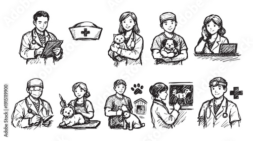 Black and white sketch illustration of various veterinary staff members with cats and dogs. Includes nurse's hat, x-ray, clinic, pet grooming and general veterinary care.