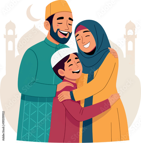 Happy Muslim family celebrating Eid al-Fitr with hugs and joy, vector illustration