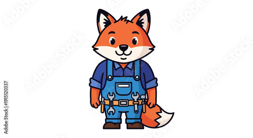 Cute cartoon fox character dressed as a handyman with tools.