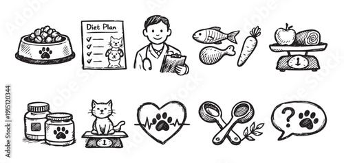 Hand-drawn doodle illustrations show pet diet, veterinary care, and healthy food choices. Perfect for veterinary clinics, pet stores, and pet food packaging designs.