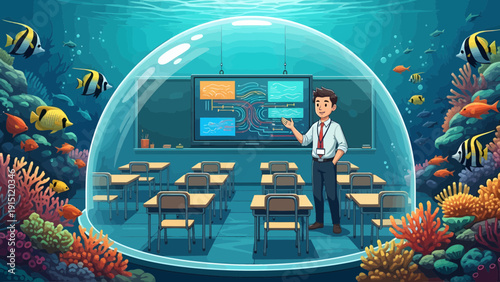 Underwater Classroom Teacher in Bubble with Desks and Blackboard.