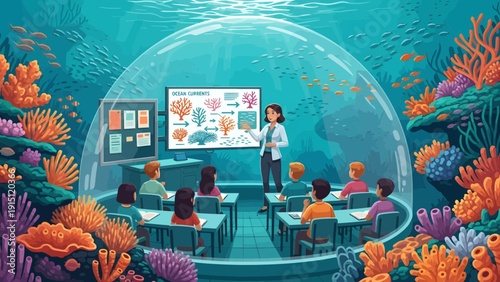 Underwater Classroom Marine Biology Lesson in a Submerged Dome.