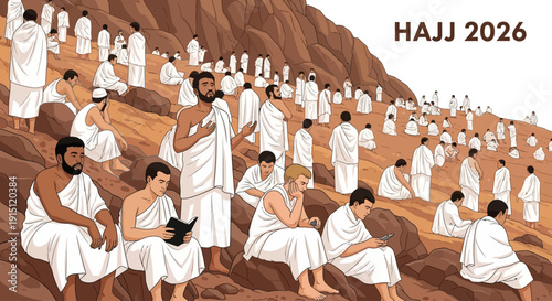 Pilgrims Gathering at Mountainous Location during Hajj Rituals, Illustration View