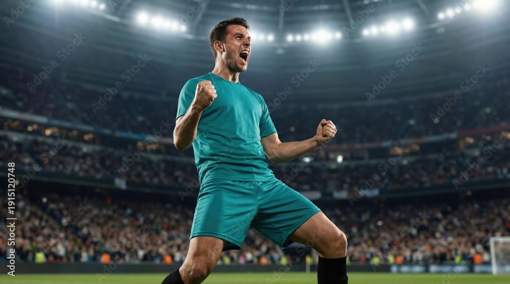 Fototapeta premium Professional football player celebrating victory with clenched fists in packed stadium shouting. Concept of sports apparel advertising, team success promotion, and competitive performance branding.