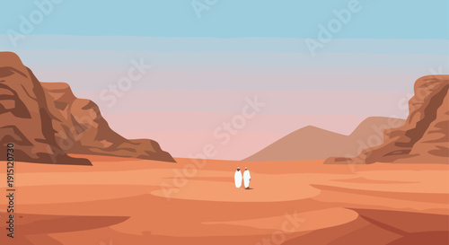 Two people standing alone in a vast desert landscape with rocky mountains in the distance under a serene sky