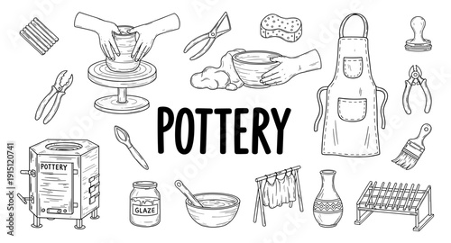 Collection of hand-drawn pottery making tools and supplies in a doodle style