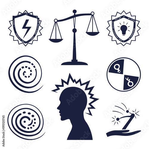 A black silhouette collection of scales of justice icons and vector symbols featuring a sign set design for law and balance illustration