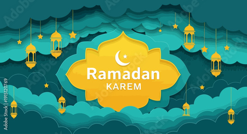 Celebrating Ramadan with lanterns and clouds in a vibrant festive atmosphere from a bird's eye view