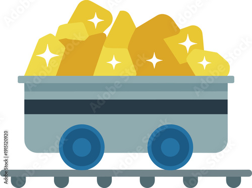 A blue mining cart filled with yellow and orange gemstones on a railway track
