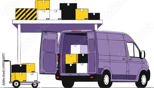 Vector illustration of a purple delivery van with its rear doors open, loaded with yellow, white, and black cardboard boxes, isolated on a transparent background.