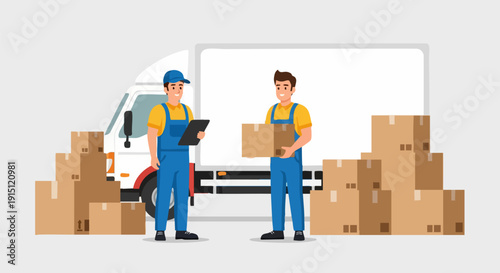 Vector illustration of two male movers in blue overalls and yellow shirts, one holding a clipboard and the other a cardboard box, standing in front of a white delivery truck surrounded by