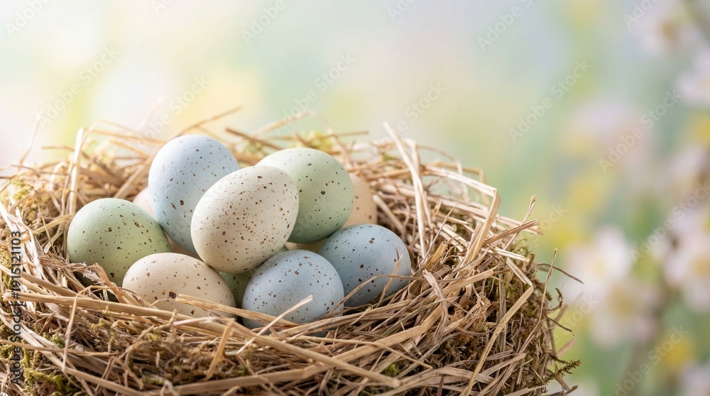 Fototapeta premium Horizontal close-up of speckled pastel Easter eggs in a rustic straw nest. Aesthetic spring holiday background with soft bokeh for seasonal branding and commercial stock photography 2026.