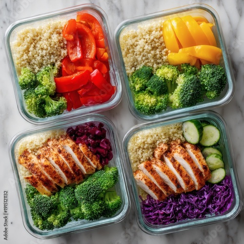 Colorful healthy meal prep containers overhead flat lay