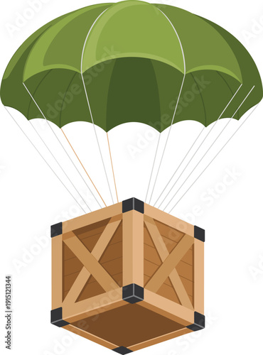 A large green parachute attached to a wooden crate descending from above descent air drop