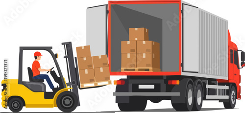 Vector illustration of a yellow forklift loading brown cardboard boxes onto a red delivery truck, isolated on a white background for logistics and shipping concepts.