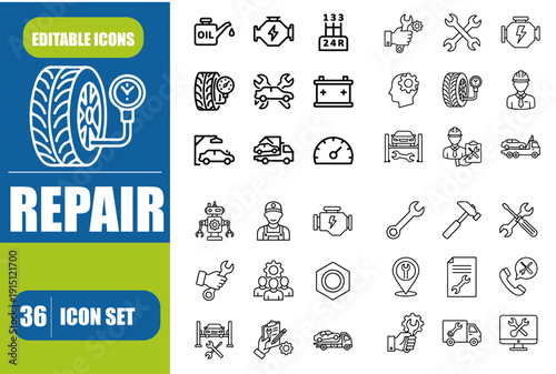 Repair icon set. Containing fix, maintenance, toolbox, assistance, broken, troubleshoot, patch and repairman service icons. Solid icon collection. Vector illustration.
