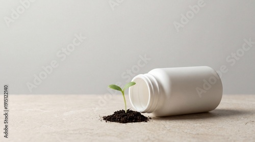 Young green plant growing from soil spilled out of white medicine bottle. Concept of natural medicine, sustainable healthcare and eco friendly pharmaceutical industry.
