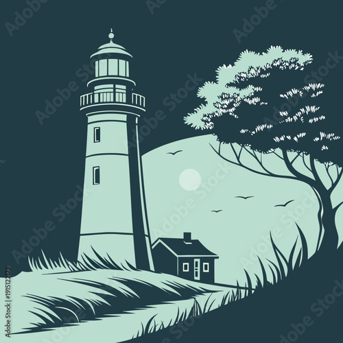 A historic white lighthouse tower stands as a luminous beacon against the night sky, serving as a landmark for navigation across the dark ocean waves and rugged island coastline