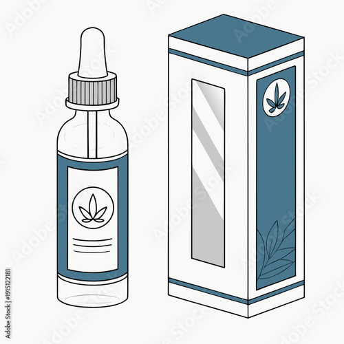 A dropper bottle and box with a cannabis leaf on the label