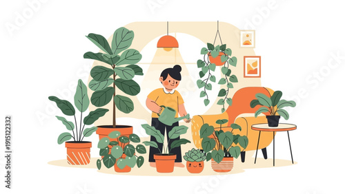 Woman watering indoor plants in a cozy living room.