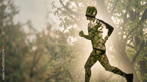 Silhouette of a man running in forest with double exposure effect. Concept of fitness, mental clarity, healthy lifestyle and connection with nature.
