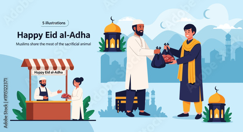 Men in traditional attire exchanging gifts near a mosque on Eid al-Adha, a celebration of sacrifice and charity