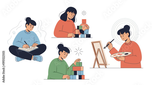 Young women engaged in various creative hobbies and artistic activities.