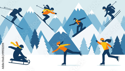 Winter Sports and Activities Scene with Mountains and Trees.