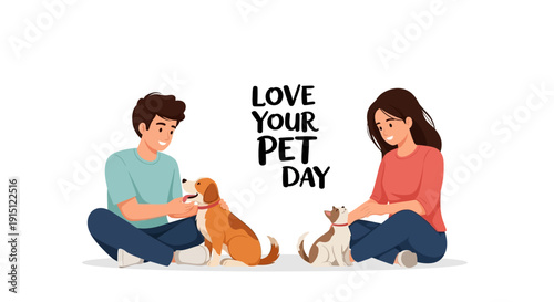 Illustration of a man and woman sitting with their pets on Love Your Pet Day, conveying affection and companionship in a cute and colorful flat lay.