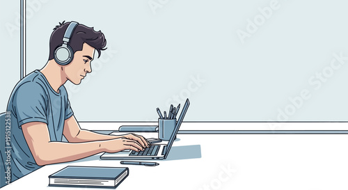 Young man focused on work with headphones and laptop in modern workspace