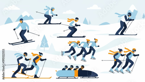 Winter sports athletes engage in various activities including skiing, cross-country skiing, and bobsledding.