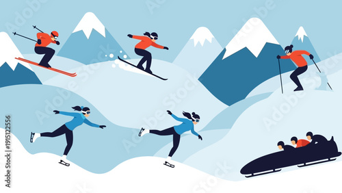 Winter Sports Scene with Skiers, Snowboarders, and Bobsled Team.