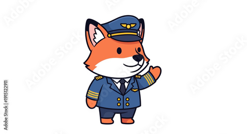 Cute cartoon fox character dressed as an airline pilot in uniform.