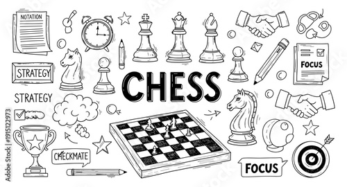 Doodle illustration of chess game elements, strategy, and focus for success