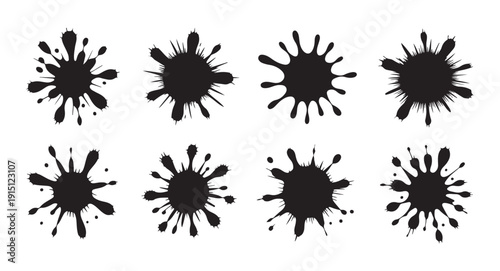 Set of eight black ink blot splatters collection isolated on white background vector illustration