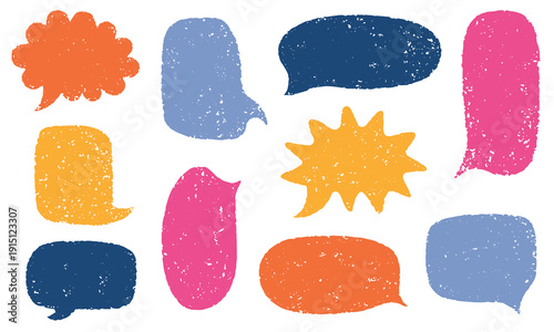 Set of speech bubbles in various shapes. Textbox in doodle style isolated on a white background. Dialogue cloud, chat icons with grunge texture. Hand drawn vector illustration